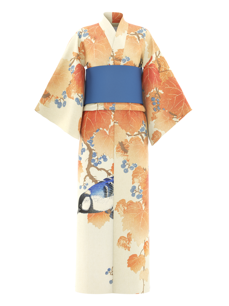 Kimono female long - Great tit on paulownia branch