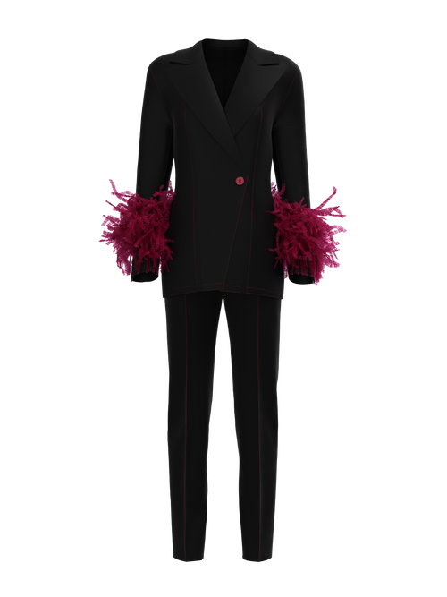 Suit with feathers
