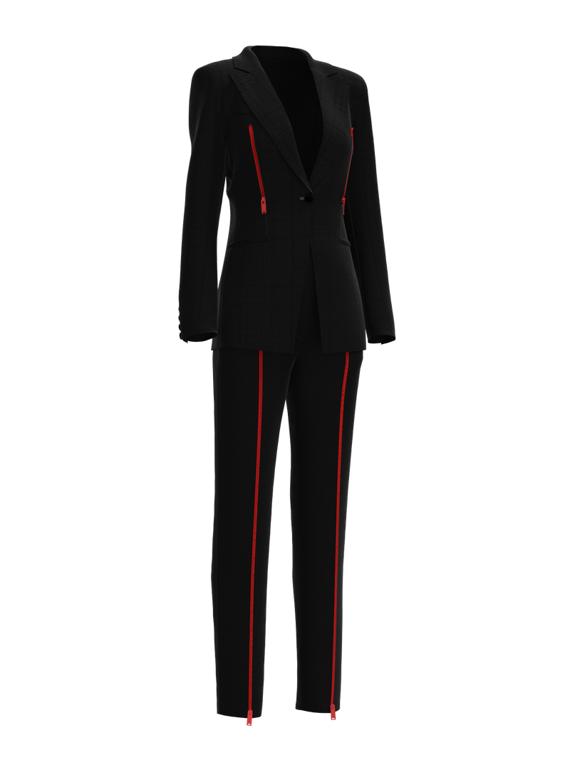 Black suit with red zippers