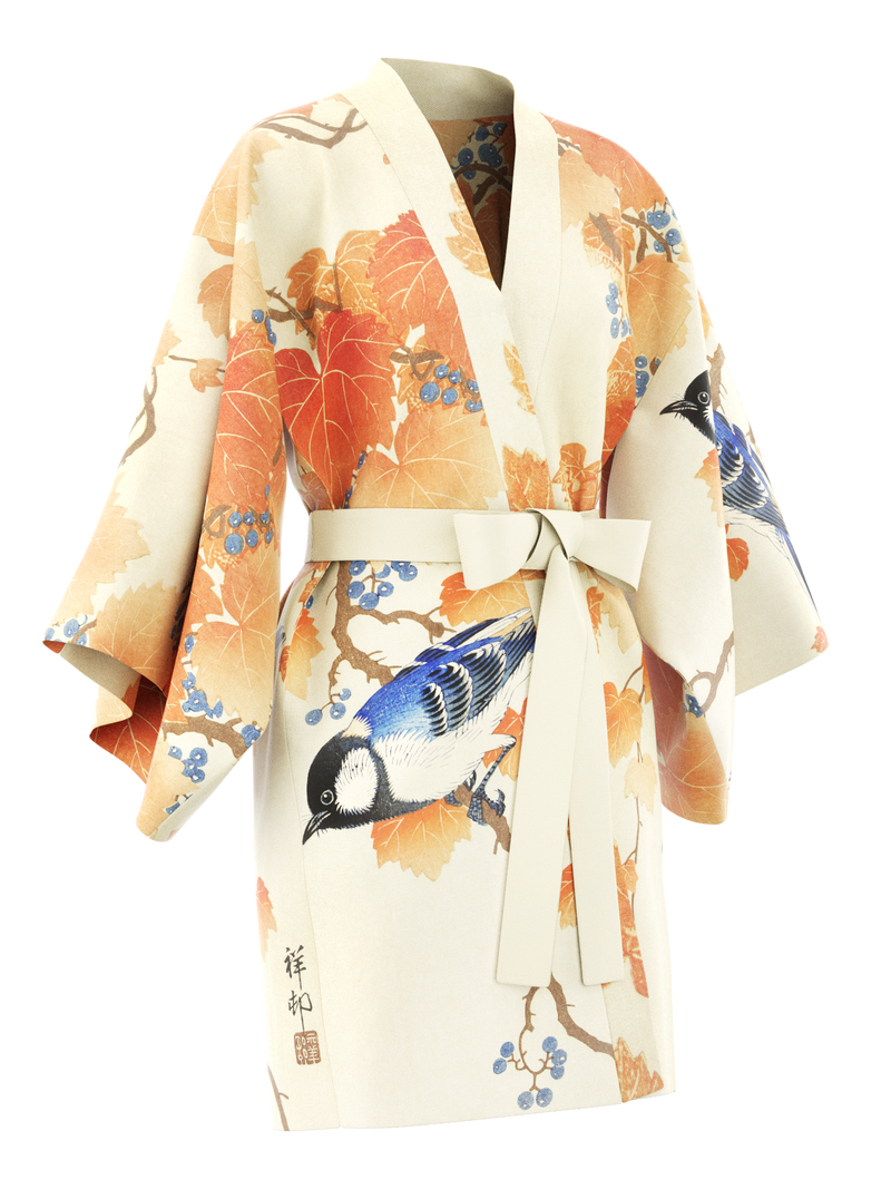 Kimono female short- Great tit on paulownia branch