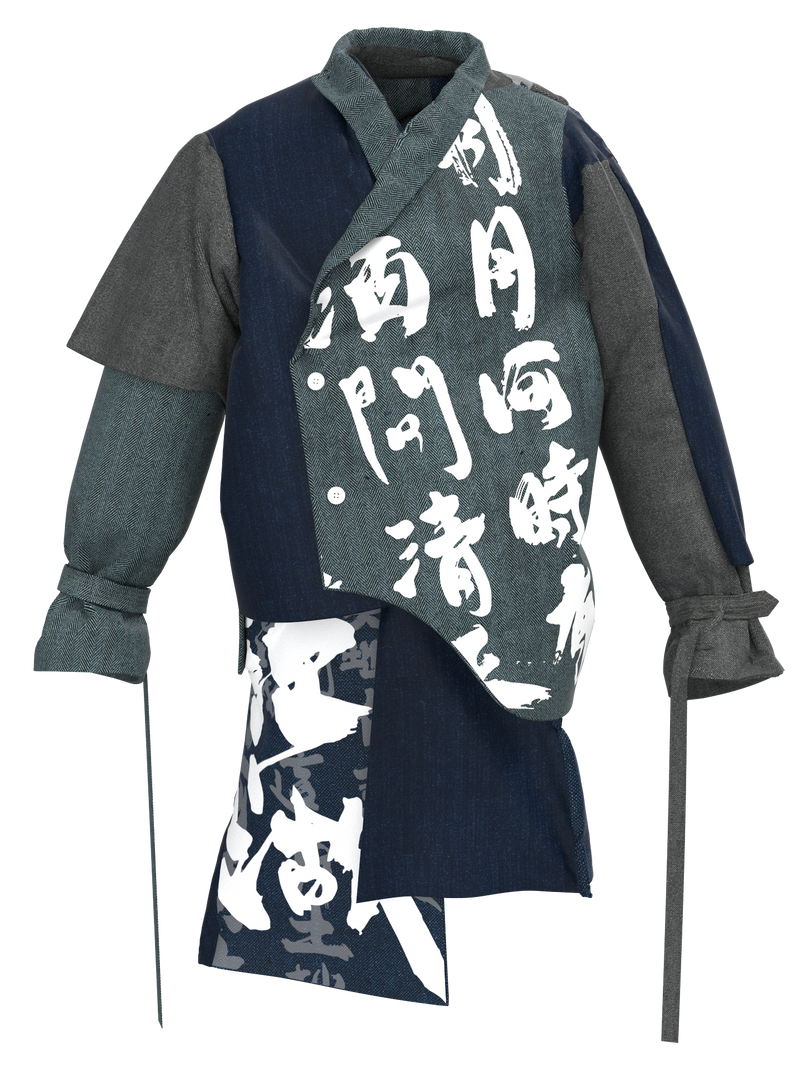 YMDH: Multi-layers Floating Calligraphy Contrast Denim Monk Blazer Suit Jacket